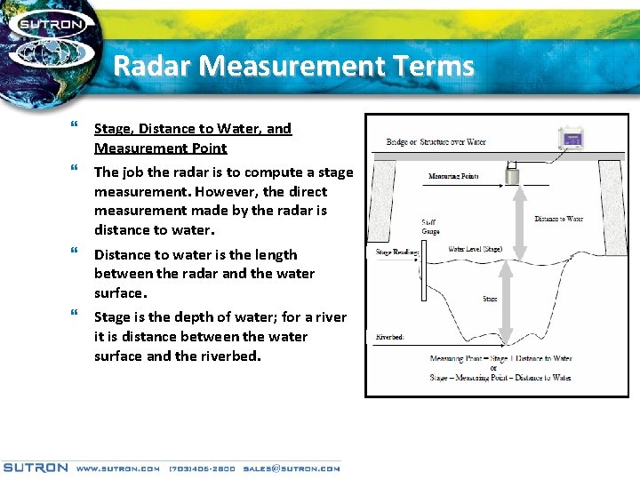 Radar Measurement Terms } Stage, Distance to Water, and Measurement Point } The job