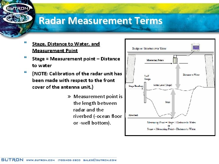 Radar Measurement Terms } Stage, Distance to Water, and Measurement Point } Stage =