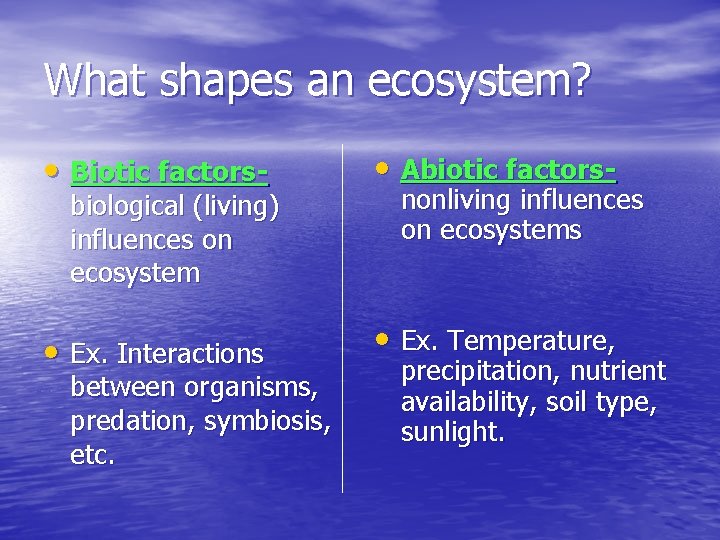 What shapes an ecosystem? • Biotic factors- • Abiotic factors- • Ex. Interactions •