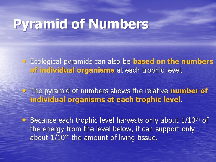 Pyramid of Numbers • Ecological pyramids can also be based on the numbers of