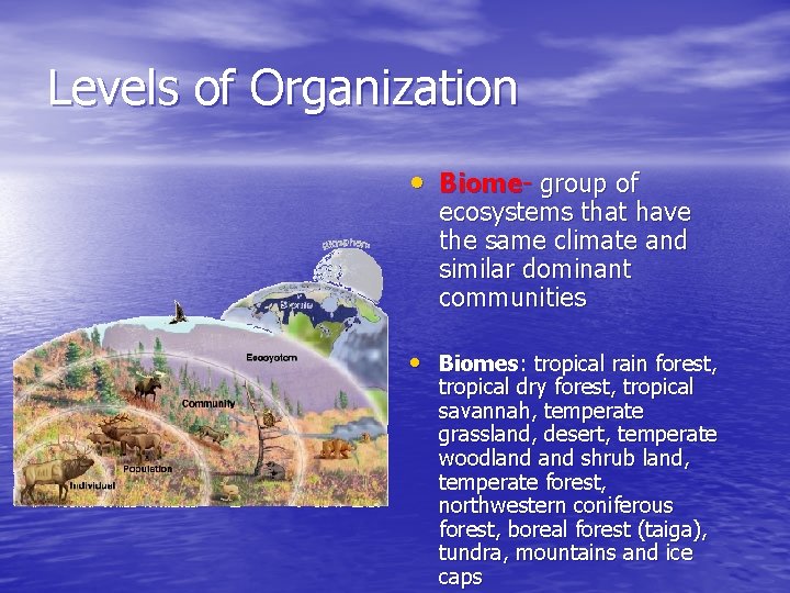 Levels of Organization • Biome- group of ecosystems that have the same climate and