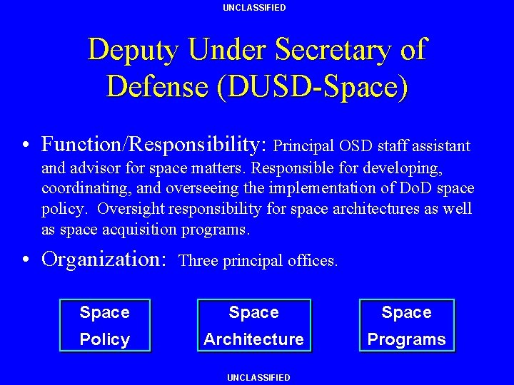 UNCLASSIFIED Deputy Under Secretary of Defense (DUSD-Space) • Function/Responsibility: Principal OSD staff assistant and