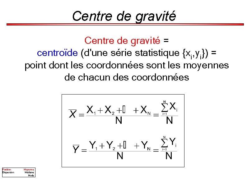 Centre de gravité = centroïde (d'une série statistique {xi, yi}) = point dont les