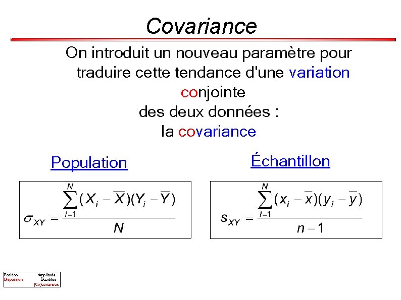 Covariance On introduit un nouveau paramètre pour traduire cette tendance d'une variation conjointe des