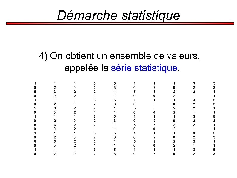 Démarche statistique 4) On obtient un ensemble de valeurs, appelée la série statistique. 