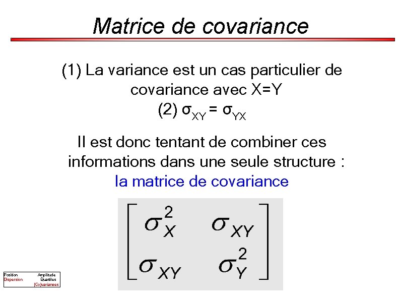Matrice de covariance (1) La variance est un cas particulier de covariance avec X=Y