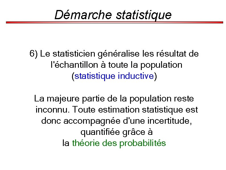 Démarche statistique 6) Le statisticien généralise les résultat de l'échantillon à toute la population