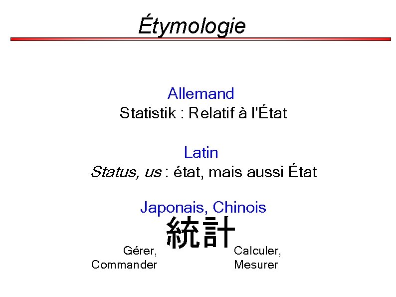 Étymologie Allemand Statistik : Relatif à l'État Latin Status, us : état, mais aussi
