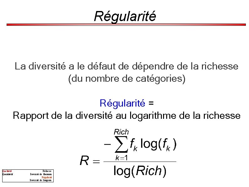 Régularité La diversité a le défaut de dépendre de la richesse (du nombre de