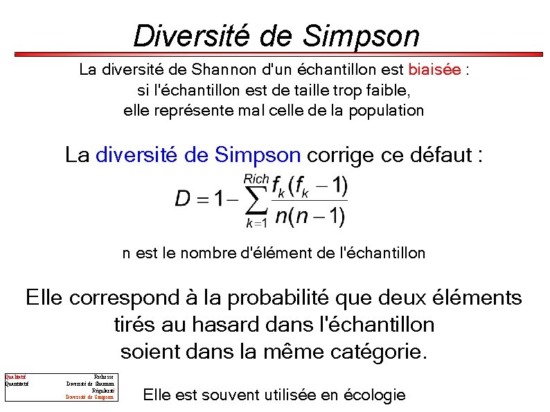 Diversité de Simpson La diversité de Shannon d'un échantillon est biaisée : si l'échantillon