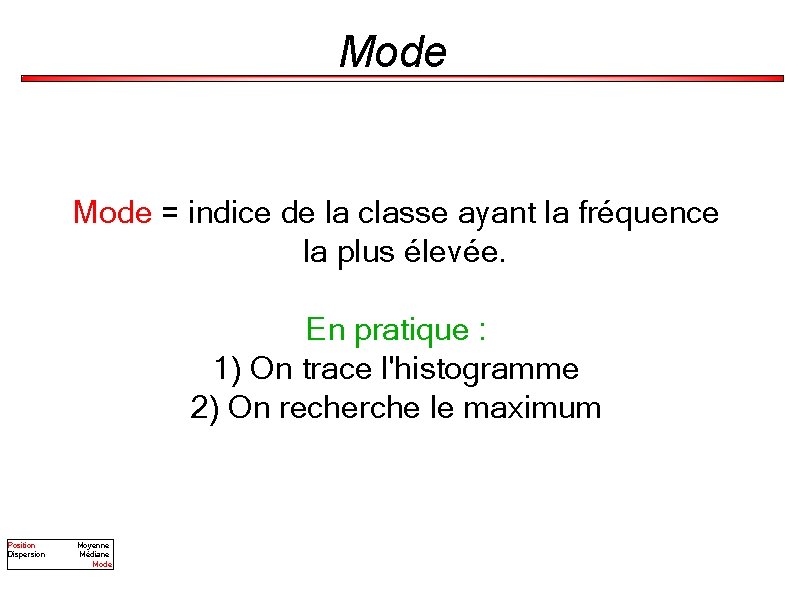 Mode = indice de la classe ayant la fréquence la plus élevée. En pratique