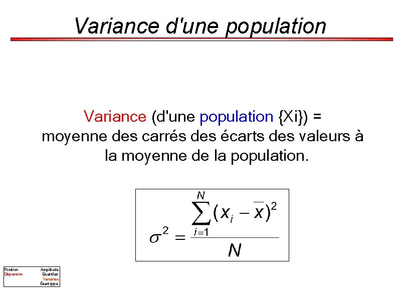 Variance d'une population Variance (d'une population {Xi}) = moyenne des carrés des écarts des