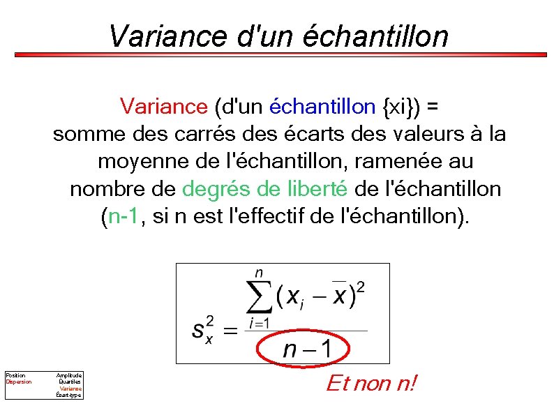 Variance d'un échantillon Variance (d'un échantillon {xi}) = somme des carrés des écarts des