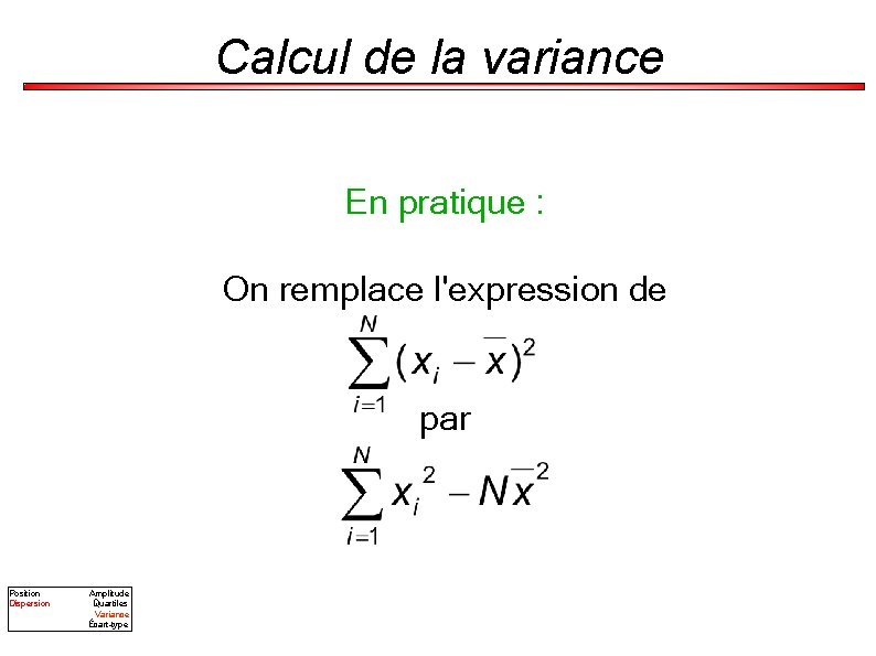 Calcul de la variance En pratique : On remplace l'expression de par Position Dispersion