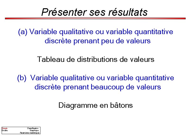 Présenter ses résultats (a) Variable qualitative ou variable quantitative discrète prenant peu de valeurs