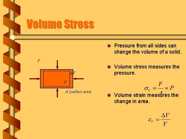 Volume Stress ] Pressure from all sides can change the volume of a solid.