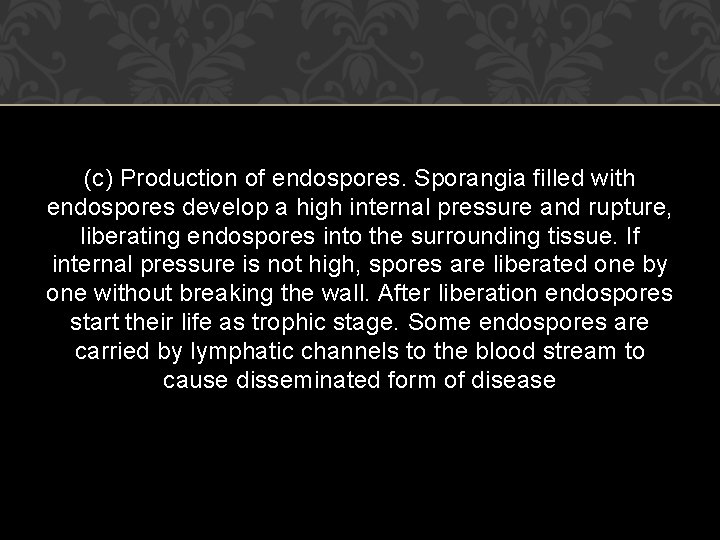 (c) Production of endospores. Sporangia filled with endospores develop a high internal pressure and