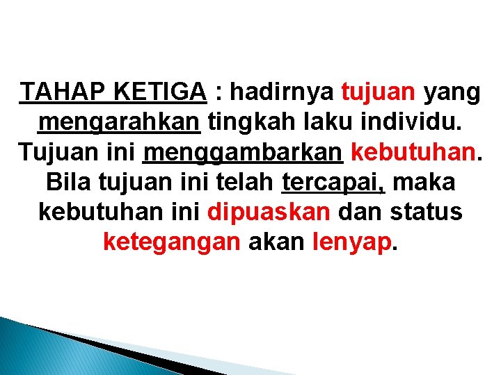 TAHAP KETIGA : hadirnya tujuan yang mengarahkan tingkah laku individu. Tujuan ini menggambarkan kebutuhan. TAHAP KETIGA : hadirnya tujuan yang mengarahkan tingkah laku individu. Tujuan ini menggambarkan kebutuhan.