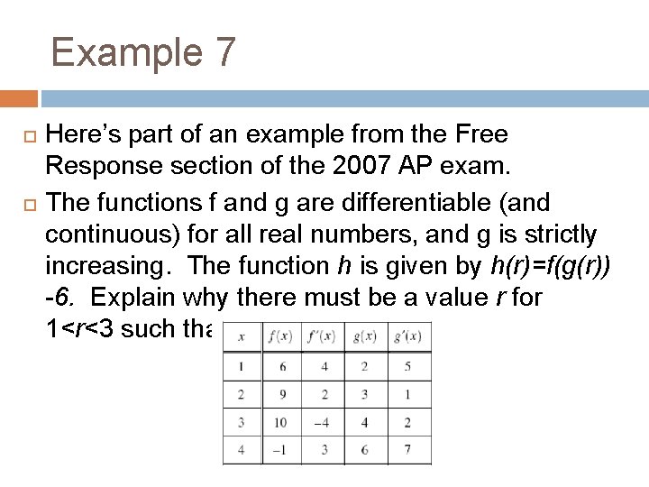 Example 7 Here’s part of an example from the Free Response section of the