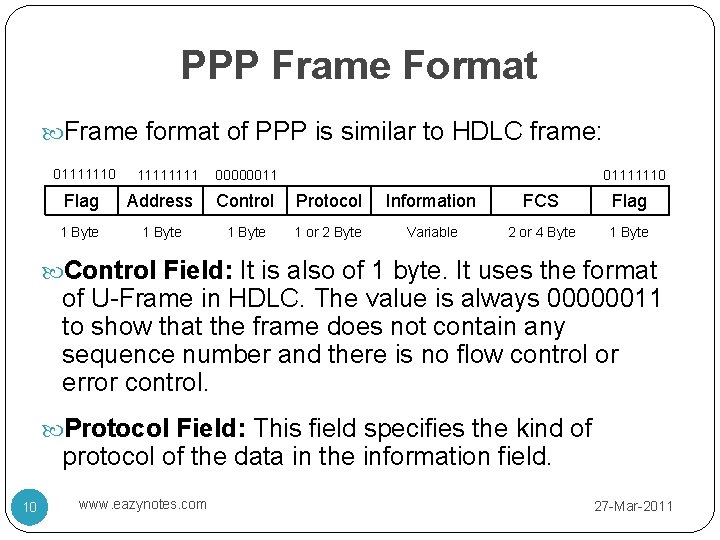 PPP Frame Format Frame format of PPP is similar to HDLC frame: 01111110 1111