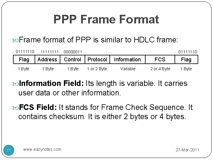PPP Frame Format Frame format of PPP is similar to HDLC frame: 01111110 1111