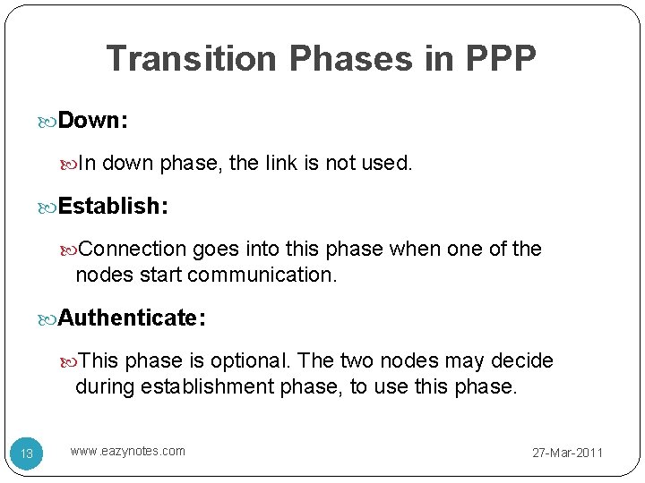 Transition Phases in PPP Down: In down phase, the link is not used. Establish: