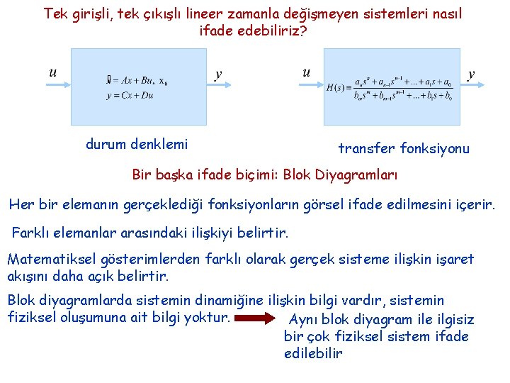 Tek girişli, tek çıkışlı lineer zamanla değişmeyen sistemleri nasıl ifade edebiliriz? durum denklemi transfer