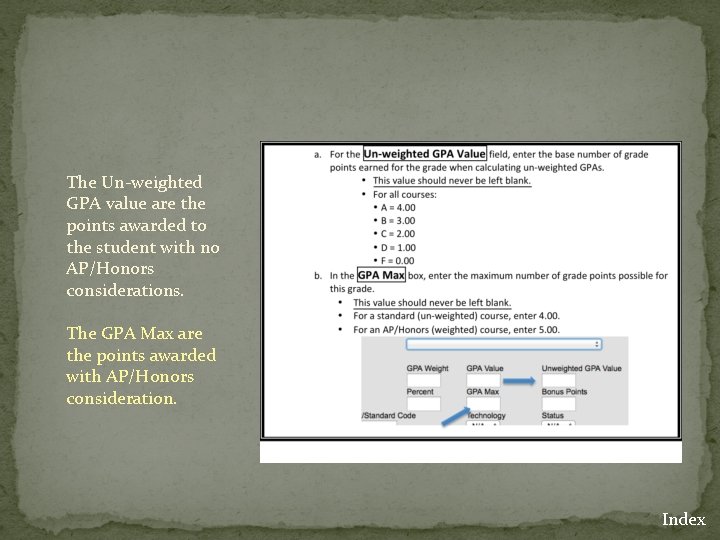 The Un-weighted GPA value are the points awarded to the student with no AP/Honors