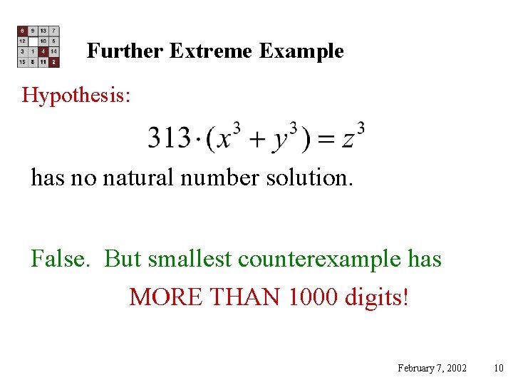 Further Extreme Example Hypothesis: has no natural number solution. False. But smallest counterexample has