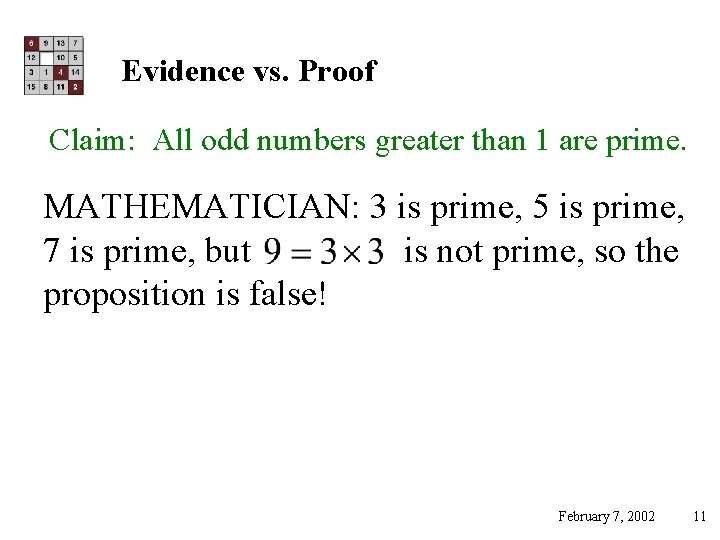 Evidence vs. Proof Claim: All odd numbers greater than 1 are prime. MATHEMATICIAN: 3