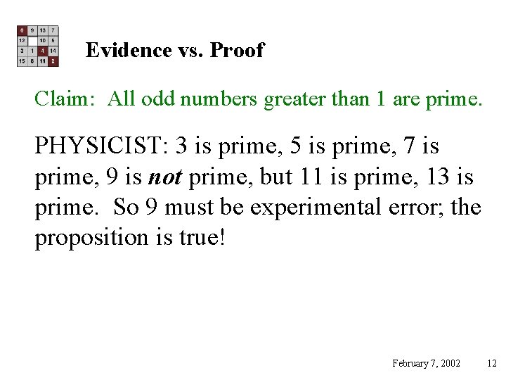 Evidence vs. Proof Claim: All odd numbers greater than 1 are prime. PHYSICIST: 3