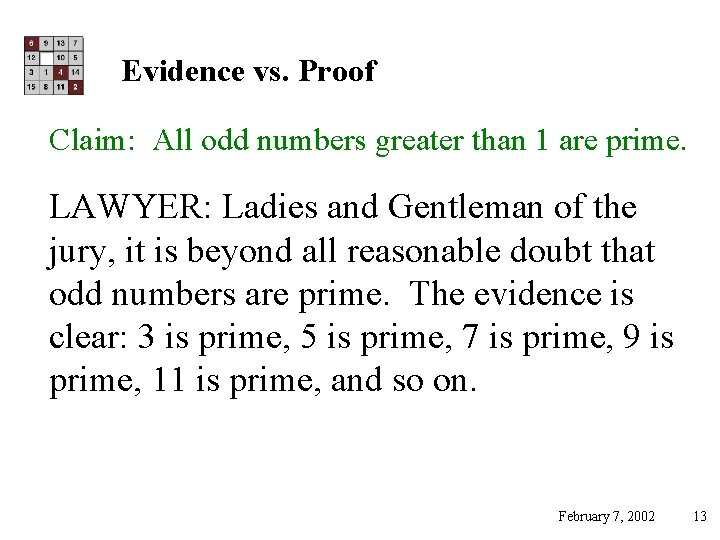 Evidence vs. Proof Claim: All odd numbers greater than 1 are prime. LAWYER: Ladies