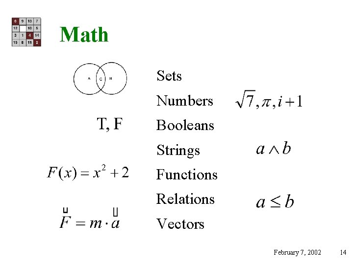 Math Sets Numbers Booleans Strings Functions Relations Vectors February 7, 2002 14 