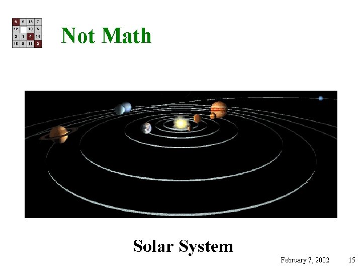 Not Math Solar System February 7, 2002 15 