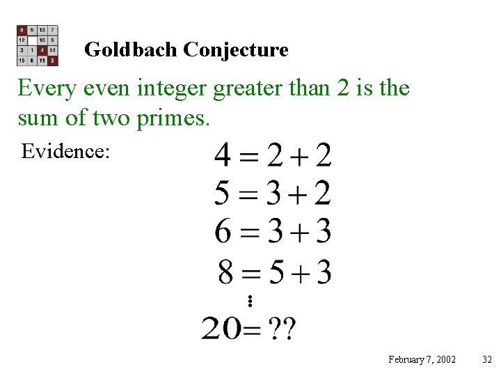 Goldbach Conjecture Every even integer greater than 2 is the sum of two primes.