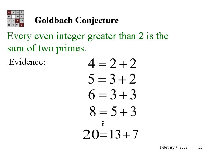 Goldbach Conjecture Every even integer greater than 2 is the sum of two primes.