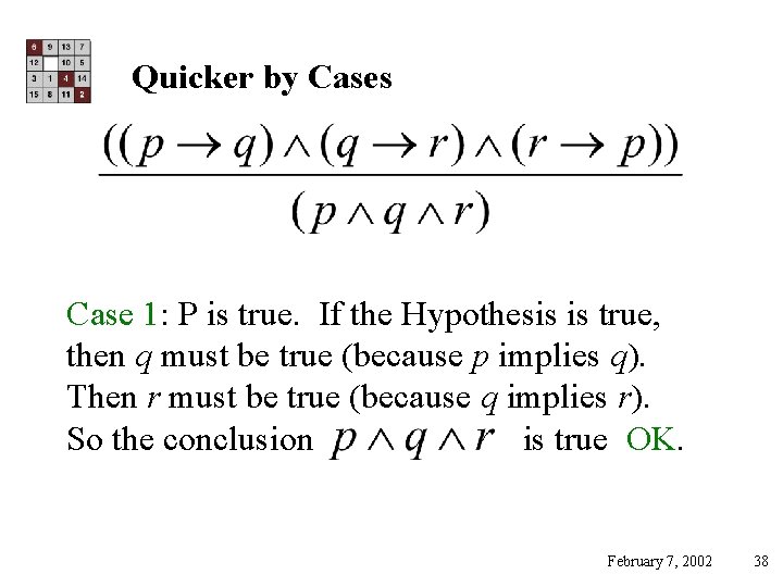 Quicker by Cases Case 1: P is true. If the Hypothesis is true, then