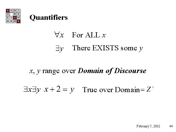 Quantifiers For ALL x There EXISTS some y x, y range over Domain of