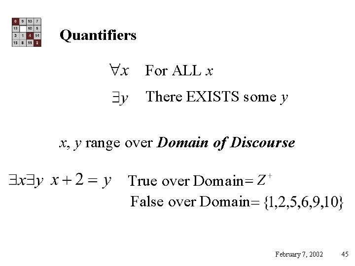 Quantifiers For ALL x There EXISTS some y x, y range over Domain of