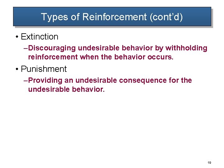 Types of Reinforcement (cont’d) • Extinction – Discouraging undesirable behavior by withholding reinforcement when