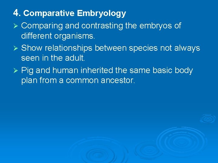 4. Comparative Embryology Comparing and contrasting the embryos of different organisms. Ø Show relationships