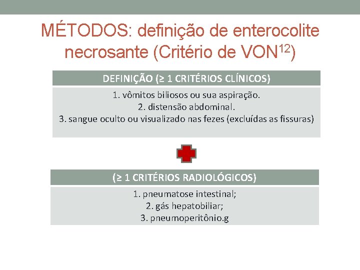 MÉTODOS: definição de enterocolite necrosante (Critério de VON 12) DEFINIÇÃO (≥ 1 CRITÉRIOS CLÍNICOS)