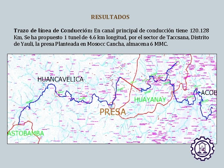 RESULTADOS Trazo de línea de Conducción: En canal principal de conducción tiene 120. 128