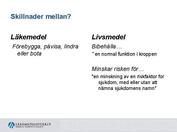 Skillnader mellan? Läkemedel Livsmedel Förebygga, påvisa, lindra eller bota Bibehålla… " en normal funktion