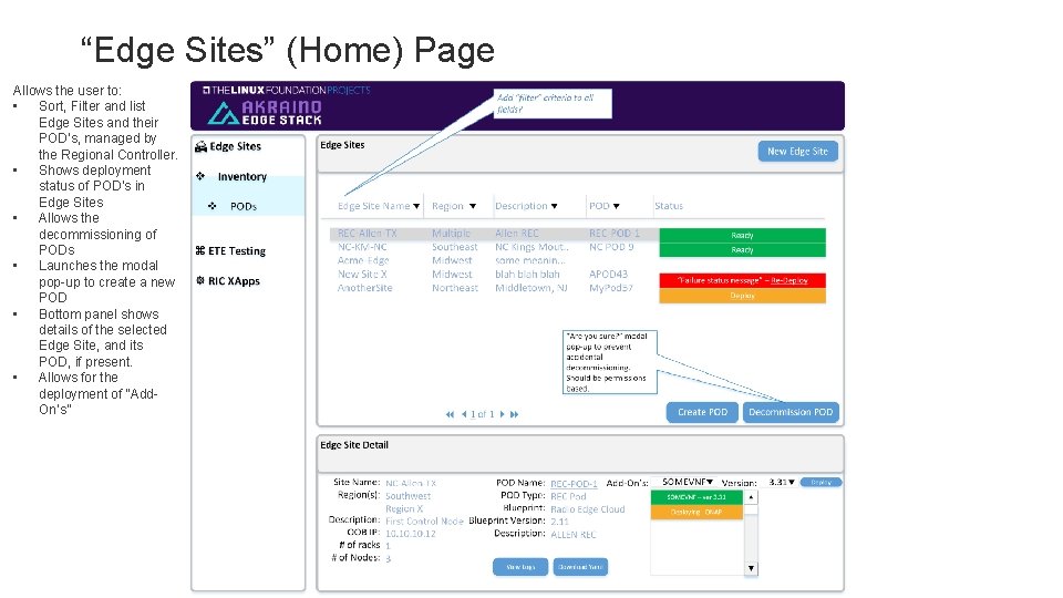 “Edge Sites” (Home) Page Allows the user to: • Sort, Filter and list Edge