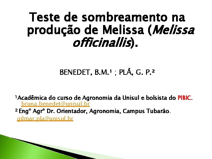 Teste de sombreamento na produção de Melissa (Melissa officinallis). BENEDET, B. M. ¹ ;