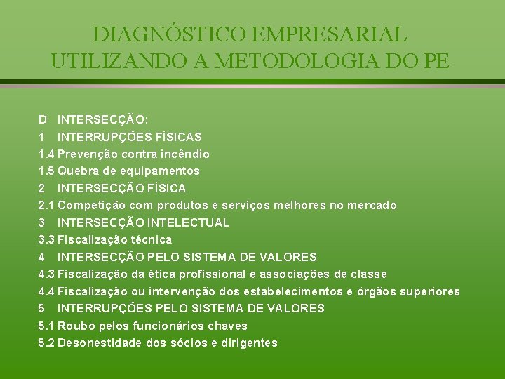 DIAGNÓSTICO EMPRESARIAL UTILIZANDO A METODOLOGIA DO PE D INTERSECÇÃO: 1 INTERRUPÇÕES FÍSICAS 1. 4