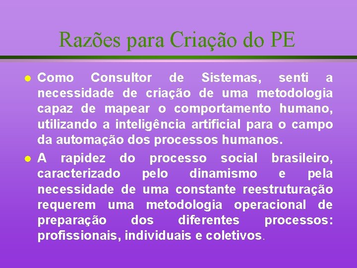 Razões para Criação do PE l l Como Consultor de Sistemas, senti a necessidade