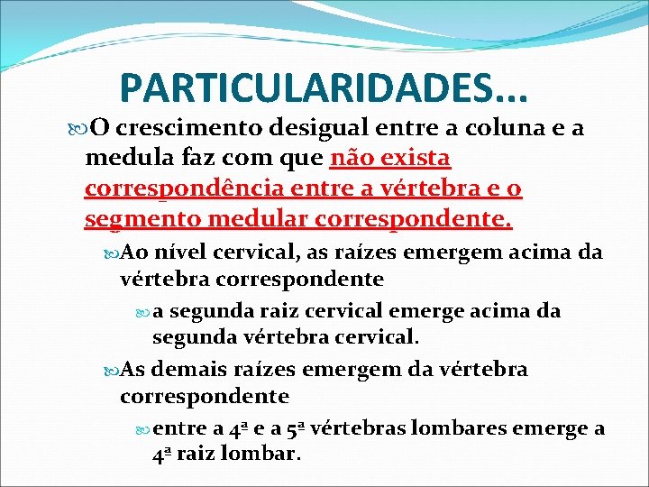 PARTICULARIDADES. . . O crescimento desigual entre a coluna e a medula faz com