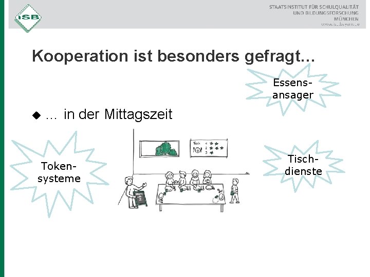 Kooperation ist besonders gefragt… Essensansager u … in der Mittagszeit Tokensysteme Tischdienste 